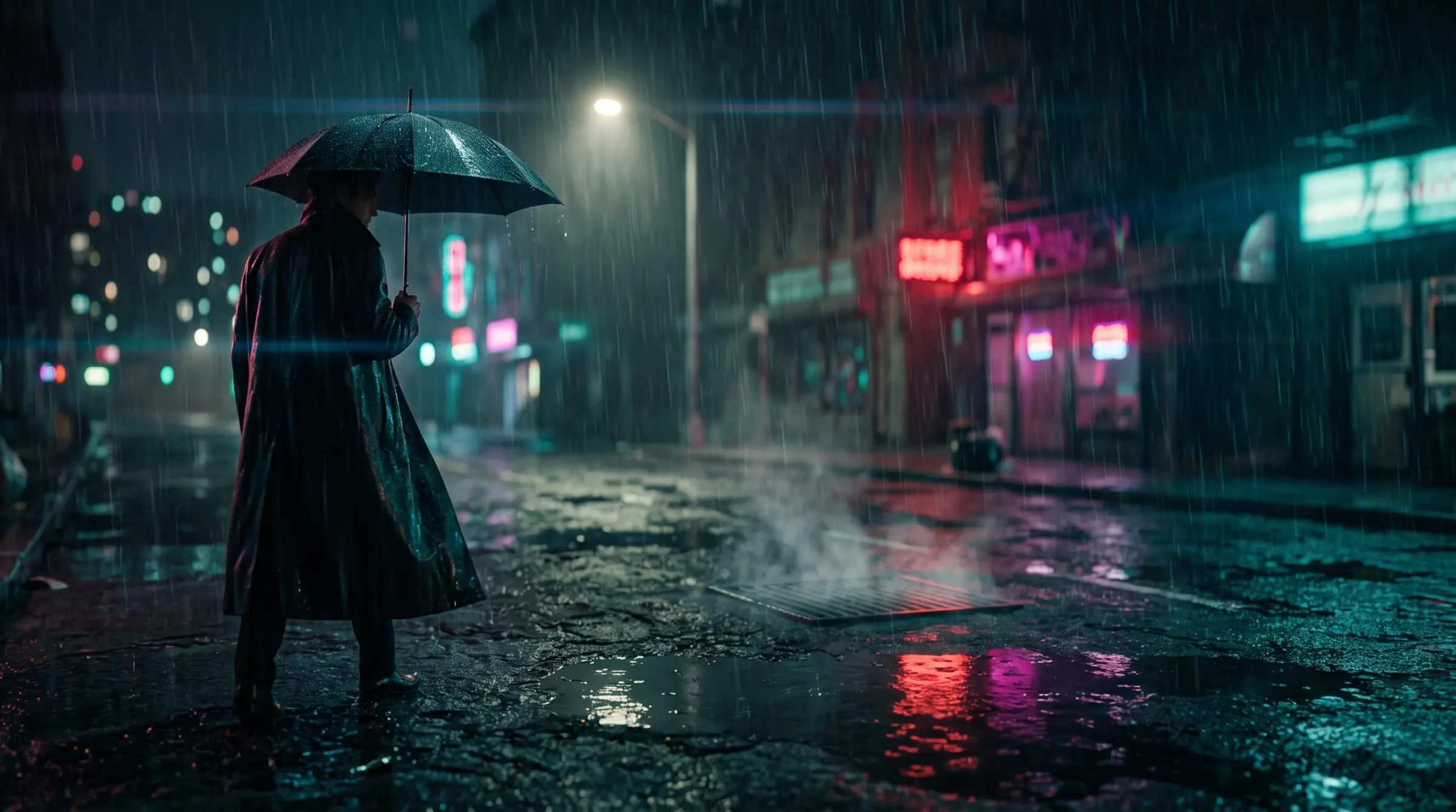 Lone figure in a long dark coat holding a black umbrella on an empty rainy street at night, red and teal neon signs reflected in puddles