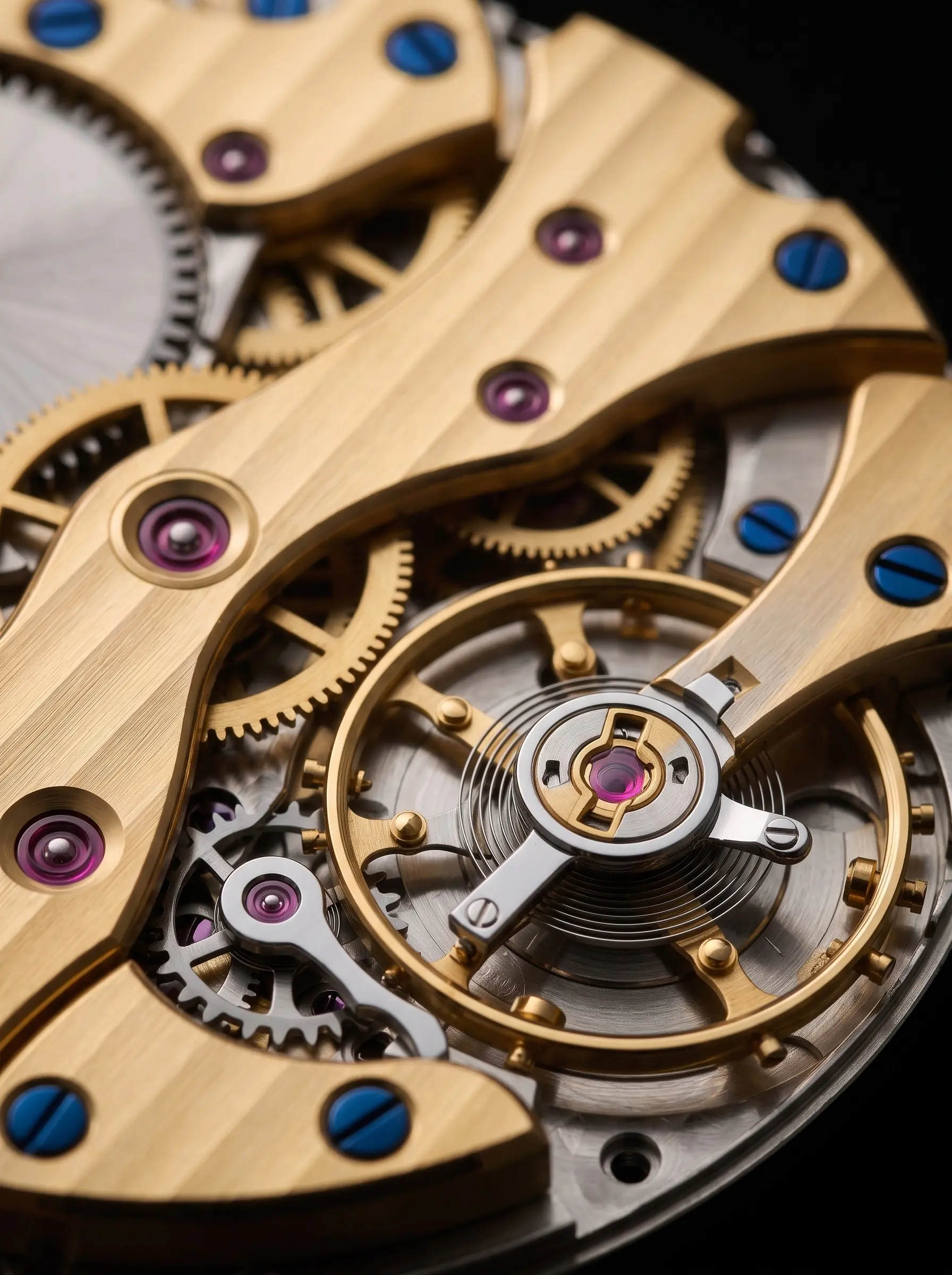 Extreme macro of a gold and steel watch movement, the balance wheel and hairspring in sharp focus, ruby jewels and blue screws